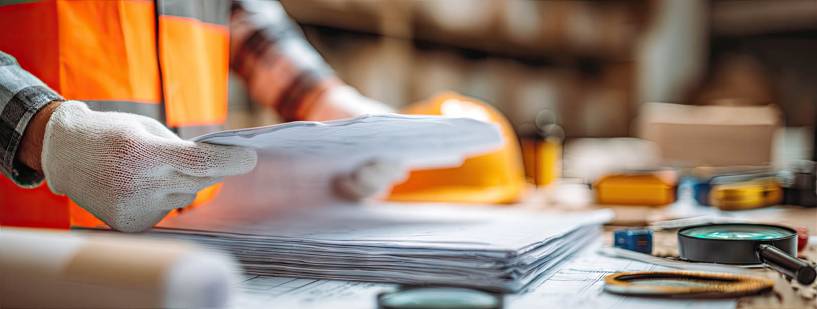 construction worker looking at blueprints